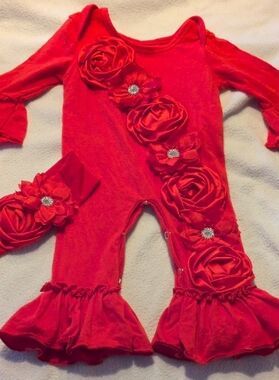 Red Floral Kids Romper with Headband